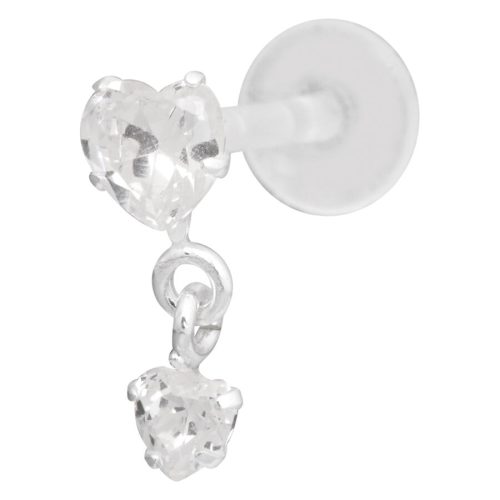 Herzförmiges Kristall Labret Piercing mit Push Fit auf weißem Hintergrund
