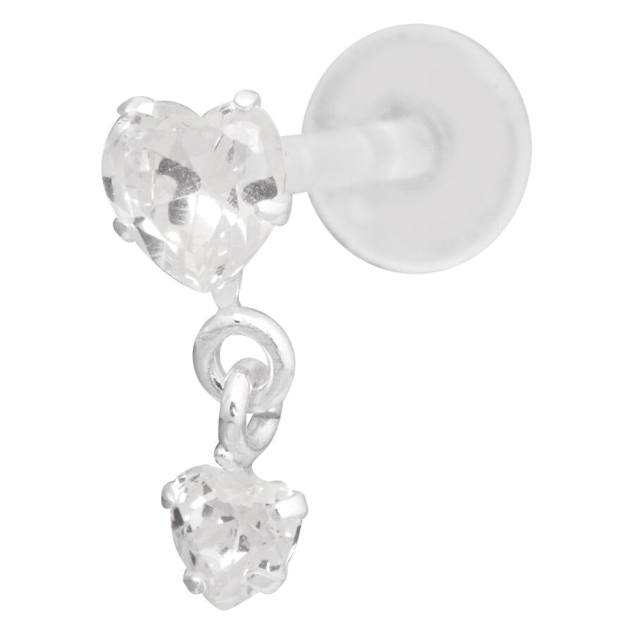 Herzförmiges Kristall Labret Piercing mit Push Fit auf weißem Hintergrund