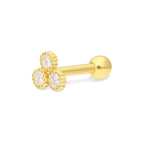 Goldener Ohr Barbell aus 750er Gold mit drei klaren Kristallen auf weißem Hintergrund