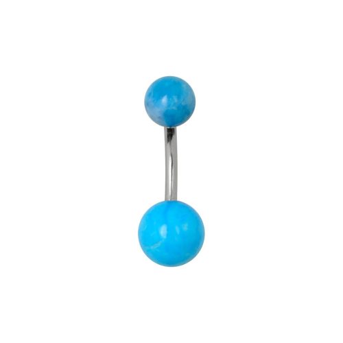 Bauchnabel-Piercing aus Titan mit zwei blauen Kugeln auf weißem Hintergrund