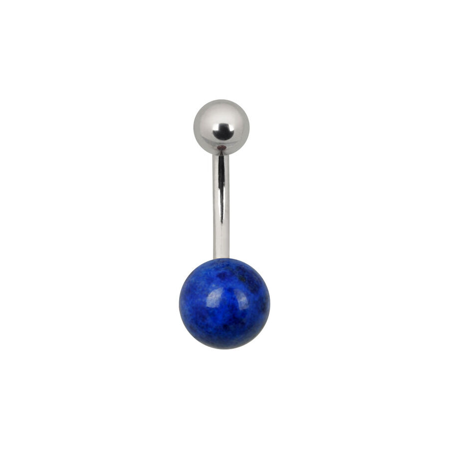 Piercingaufsatz mit blauem Halbedelstein und silbernem Stab auf weißem Hintergrund
