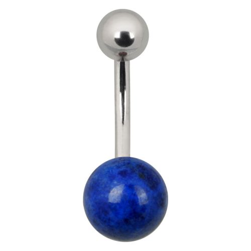 Bauchnabelpiercing aus Titan mit blauer und silberner Kugel auf weißem Hintergrund
