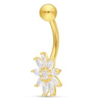 Bauchnabelpiercing aus 18k Gold mit Kristallblume auf weißem Hintergrund