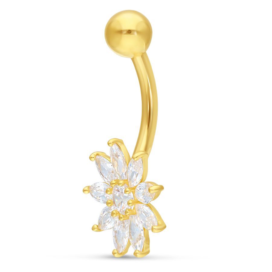 Bauchnabelpiercing aus 18k Gold mit Kristallblume auf weißem Hintergrund