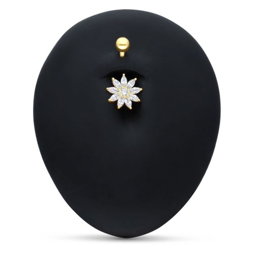 Bauchnabelpiercing aus 18k Gold mit klarer Kristallblume auf schwarzem Hintergrund