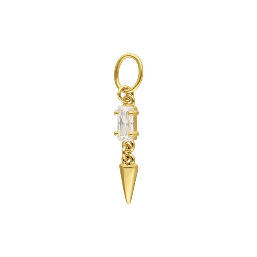 Goldener Piercing Anhänger mit klarem Kristall und Spike auf weißem Hintergrund