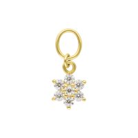Goldener Blumenanhänger aus 18K Gold mit klaren Moissanitsteinen auf weißem Hintergrund