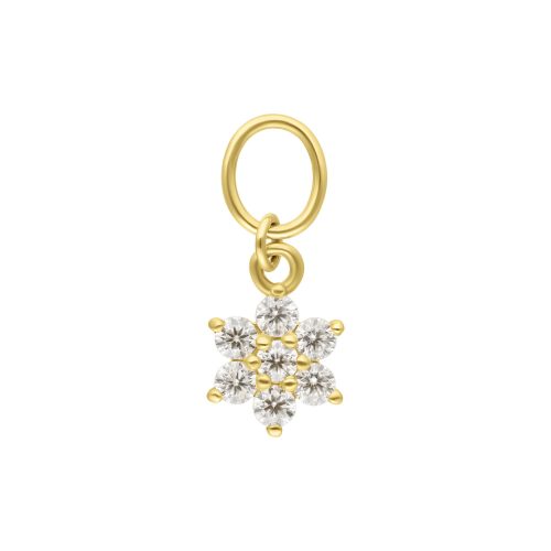 Goldener Blumenanhänger aus 18K Gold mit klaren Moissanitsteinen auf weißem Hintergrund