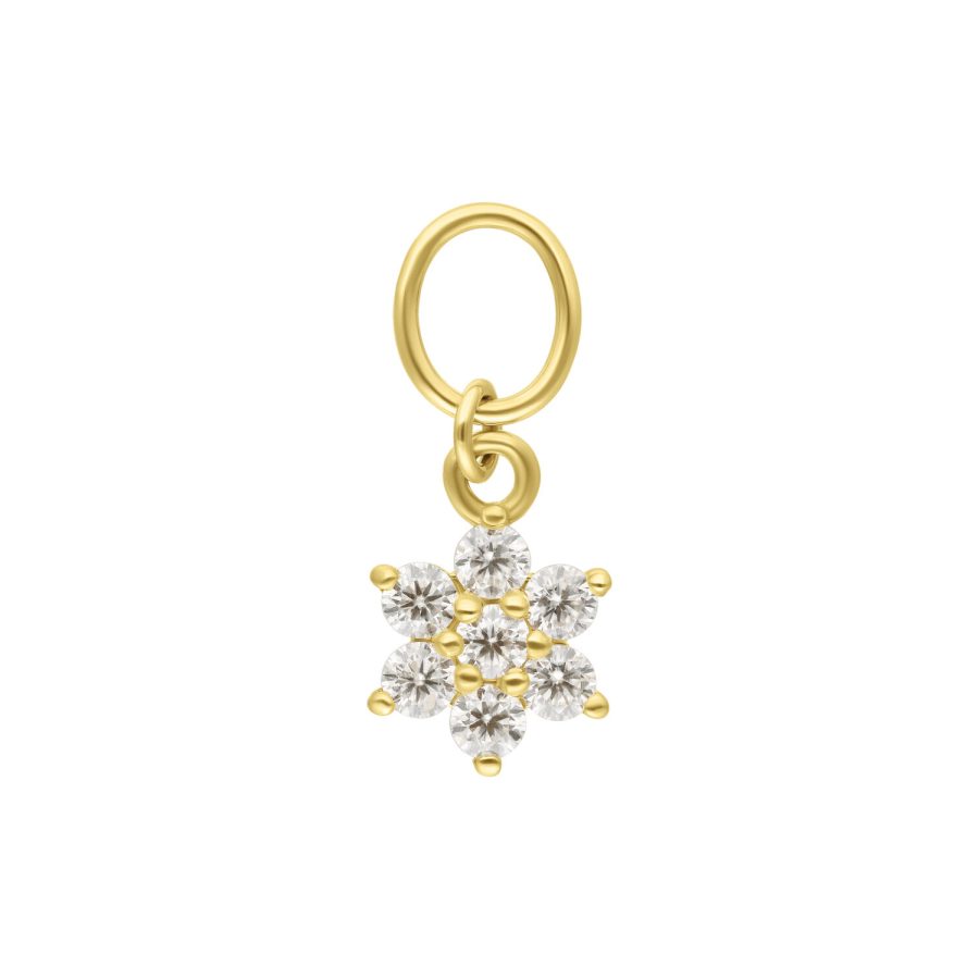Goldener Blumenanhänger aus 18K Gold mit klaren Moissanitsteinen auf weißem Hintergrund