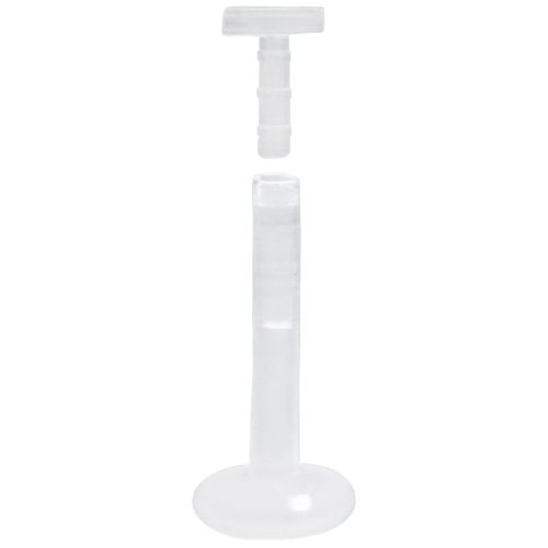 Transparenter Labret Stab aus Bioplast mit Push-Fit Gewinde auf weißem Hintergrund