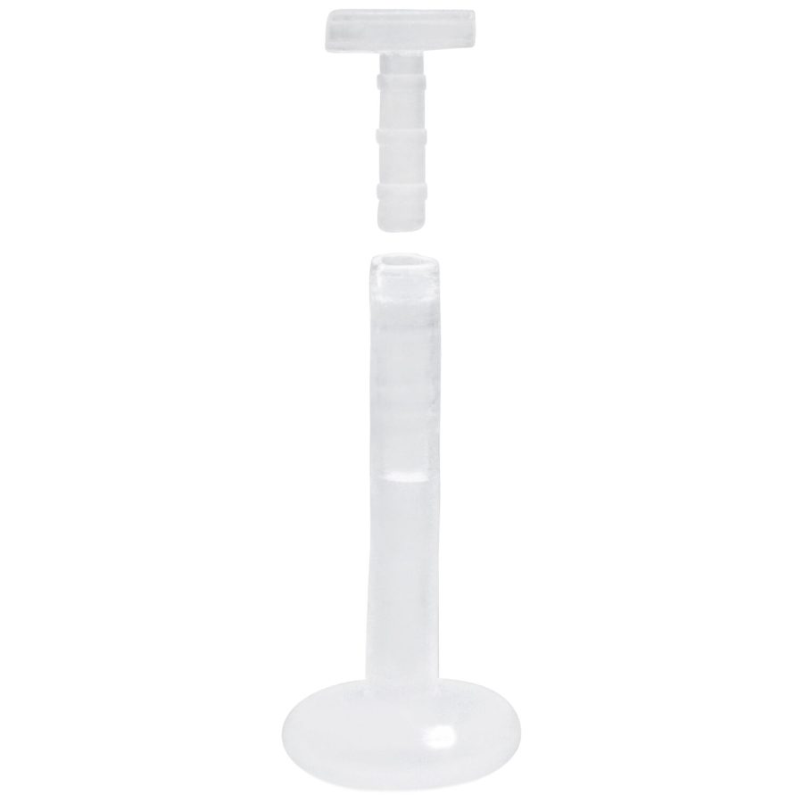 Transparenter Labret Stab aus Bioplast mit Push-Fit Gewinde auf weißem Hintergrund