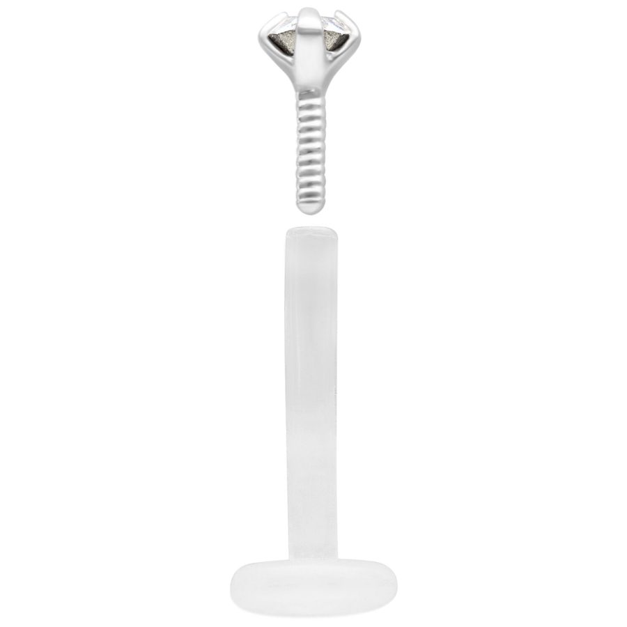Silbernes Labret mit kristallklarem Stein und Bioplast Schaft auf weißem Hintergrund