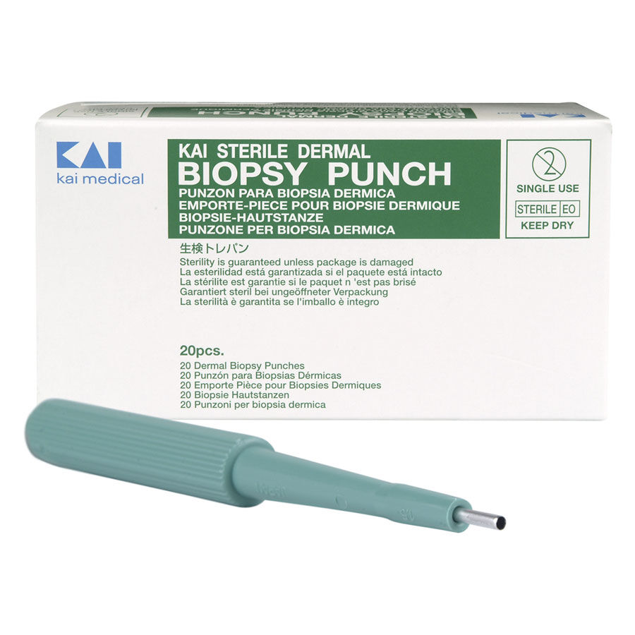 Grüner Biopsy Punch vor weißer Verpackung mit grüner Aufschrift