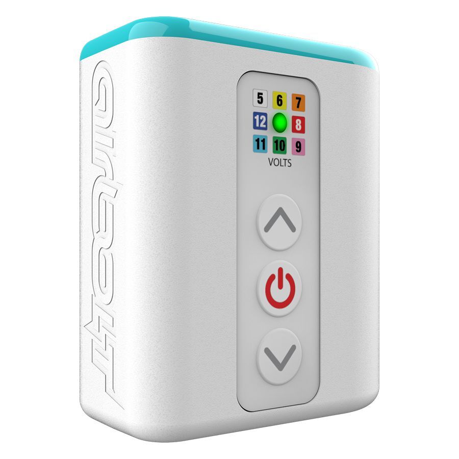 Weißes Airbolt Mini Akku-Pack mit Aluminiumgehäuse und LED-Anzeige