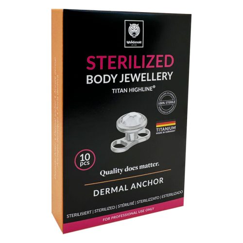 Verpackung des sterilisierten Dermal Anchor aus Titan mit Kristall in Silber auf schwarzem Hintergrund