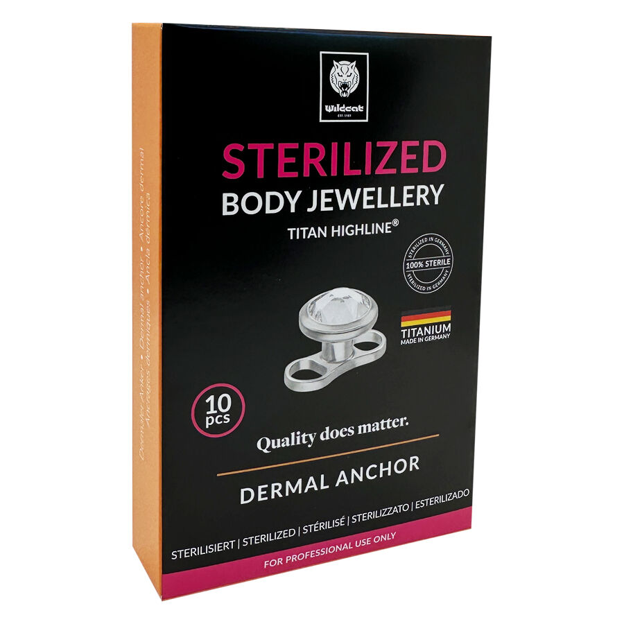 Verpackung des sterilisierten Dermal Anchor aus Titan mit Kristall in Silber auf schwarzem Hintergrund