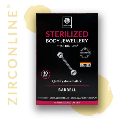 Goldener Micro Barbell aus Titan auf schwarzem Hintergrund, Verpackung sichtbar