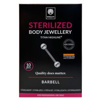 Silberner Titan-Barbell auf schwarzer Verpackung mit sterilen Hinweisen