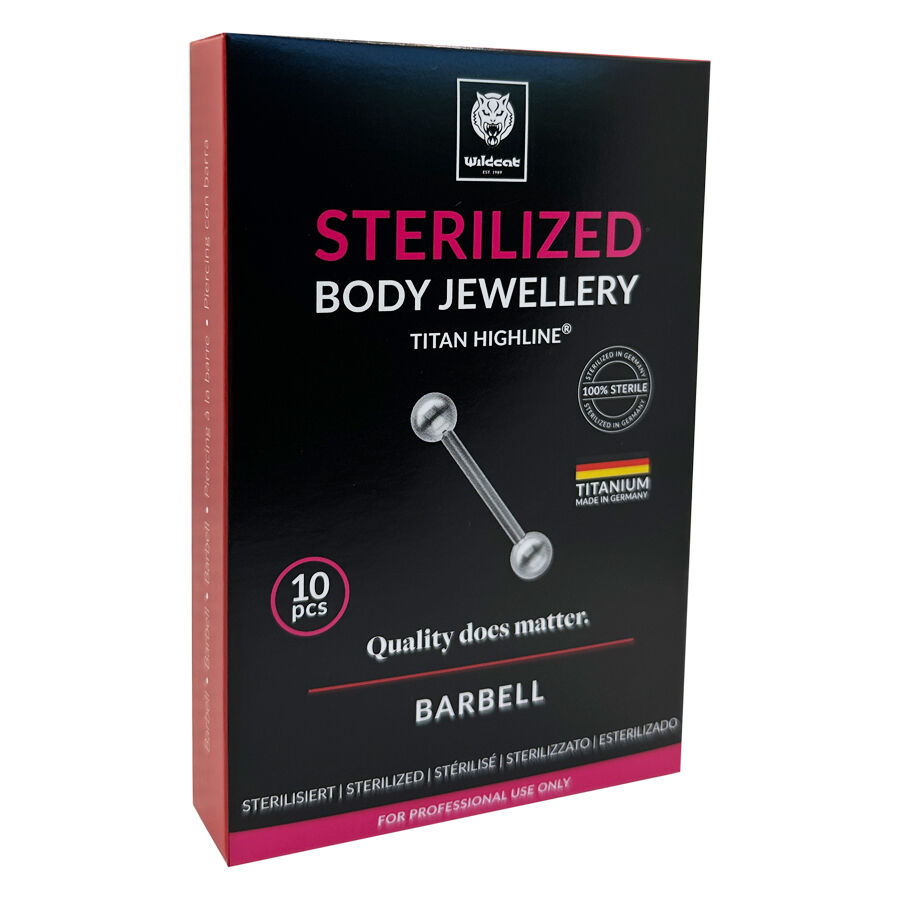 Schwarze Verpackung mit silbernem Barbell Piercing und Titan-Label