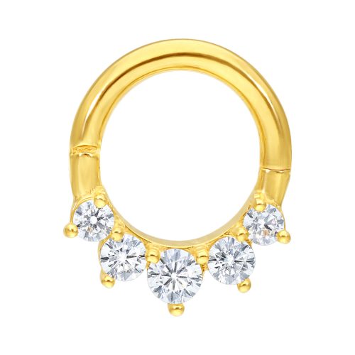 Goldfarbener Piercingring aus 18K Gold mit fünf klaren Kristallen auf weißem Hintergrund