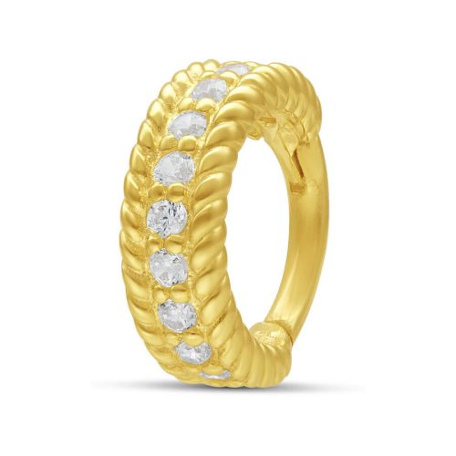 Goldener Scharnier-Piercingring mit klaren Kristallen auf weißem Hintergrund