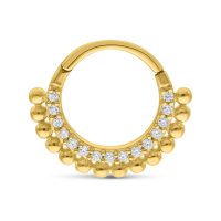 Goldener 14K Clicker mit kleinen Kristallen auf weißem Hintergrund