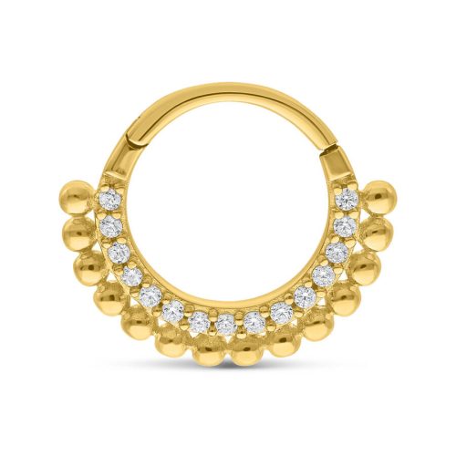 Goldener 14K Clicker mit kleinen Kristallen auf weißem Hintergrund