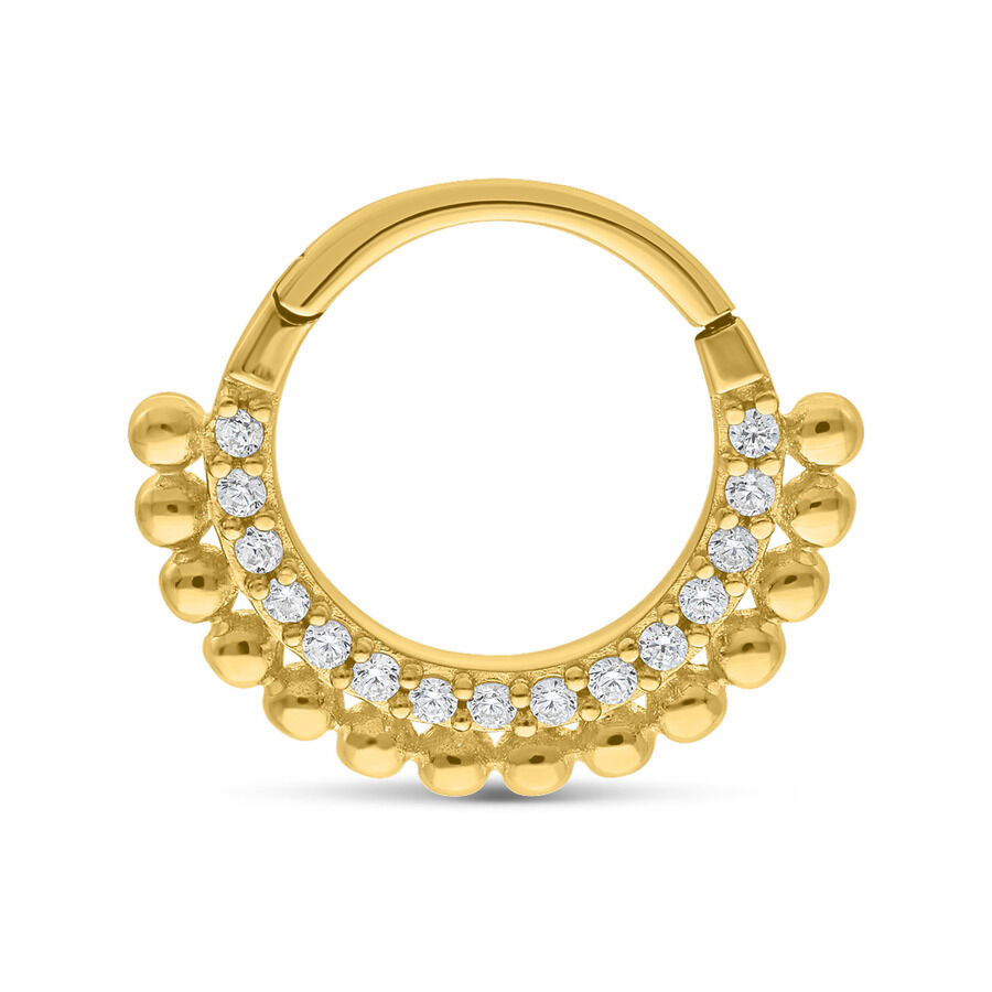 Goldener 14K Clicker mit kleinen Kristallen auf weißem Hintergrund