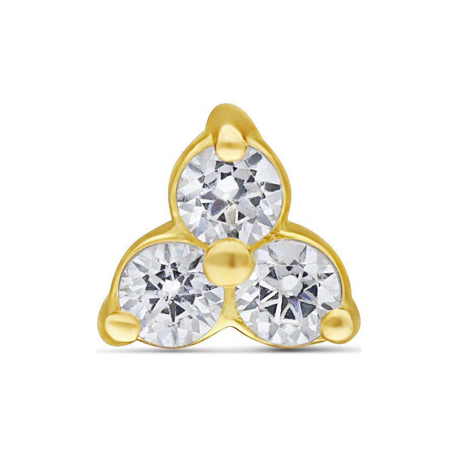 18K Gold Trinity Aufsatz mit kristallklaren Steinen auf weißem Hintergrund
