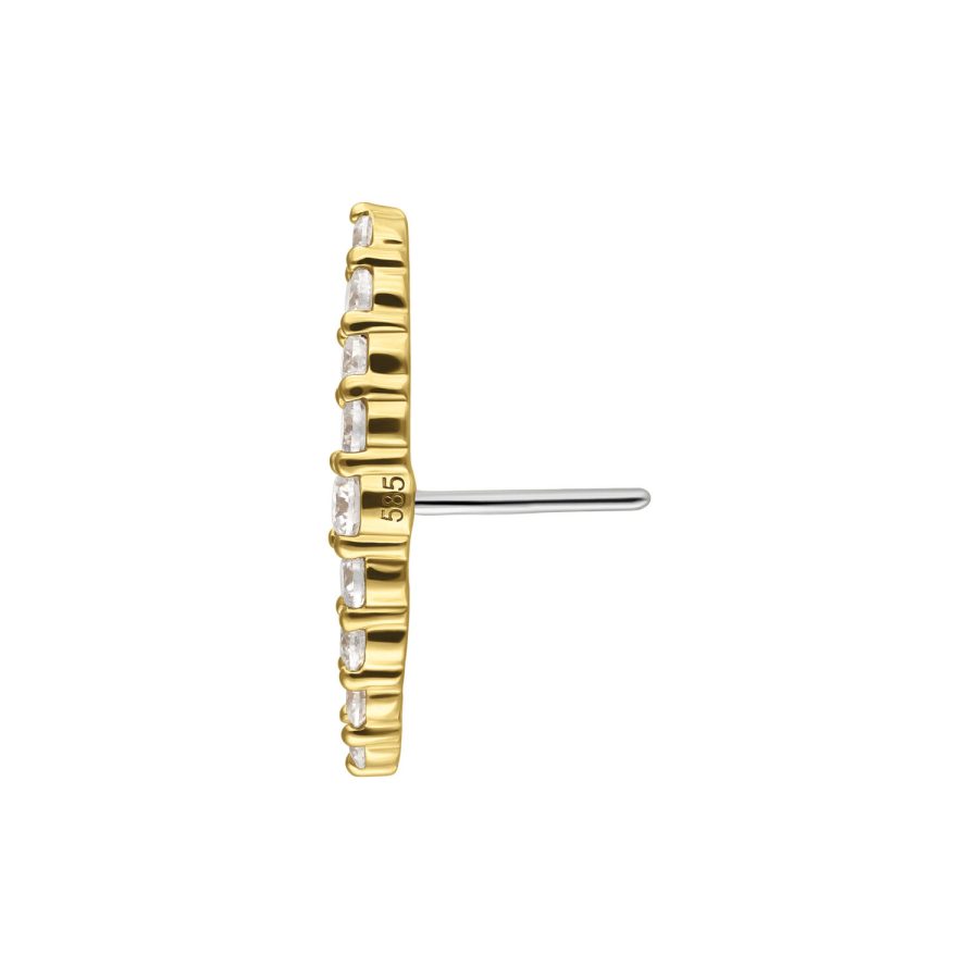 Seitliche Ansicht eines 14K Gold Aufsatzes mit klaren Moissanit Kristallen