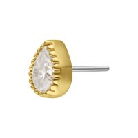 Goldener Push-Fit-Aufsatz mit klarer Moissanit-Kristall in Tropfenform auf weißem Hintergrund