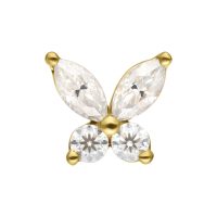 Goldener Schmetterlingsaufsatz aus 14K Gold mit funkelndem Moissanit auf weißem Hintergrund