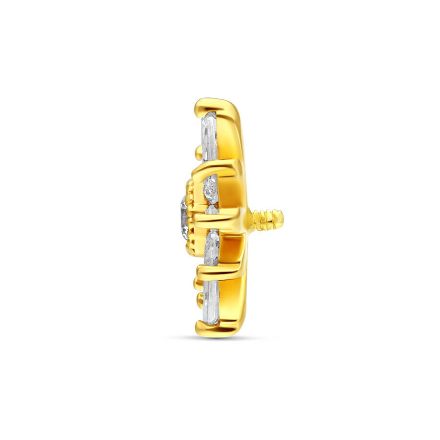 Seitliche Ansicht eines 14K Gold Kristallstern Aufsatzes mit klarem Kristall auf weißem Hintergrund