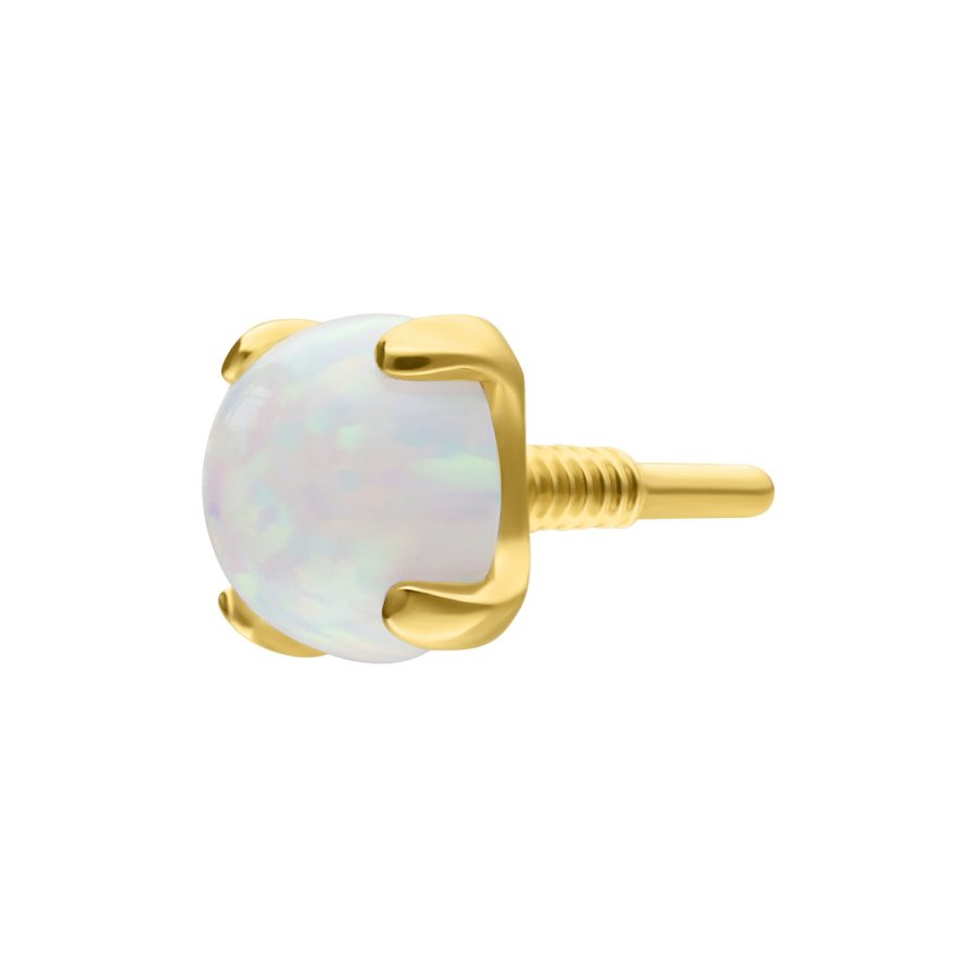 Goldener Aufsatz mit rundem, synthetischem Opal vor weißem Hintergrund