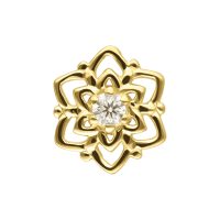 Goldener Schmuckaufsatz in Blumenform mit Moissanit auf weißem Hintergrund