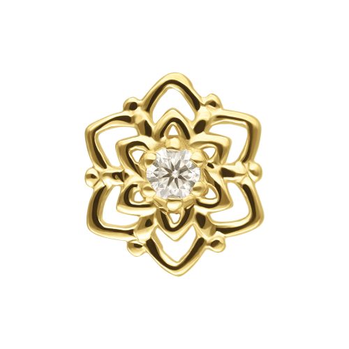 Goldener Schmuckaufsatz in Blumenform mit Moissanit auf weißem Hintergrund