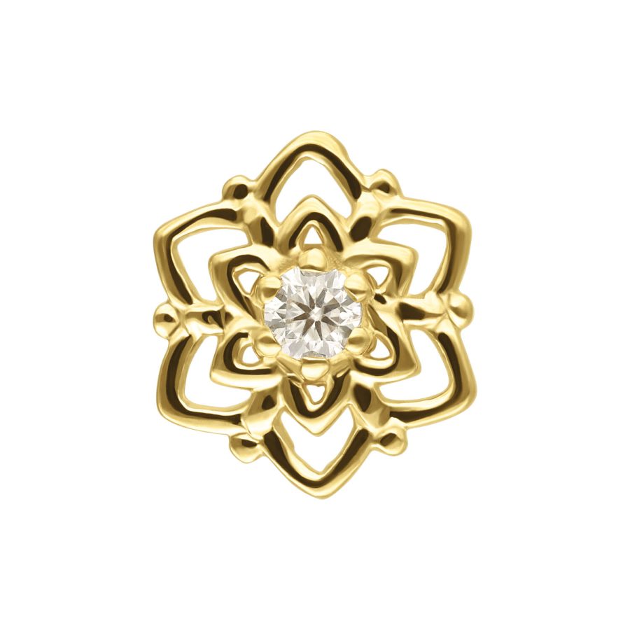 Goldener Schmuckaufsatz in Blumenform mit Moissanit auf weißem Hintergrund