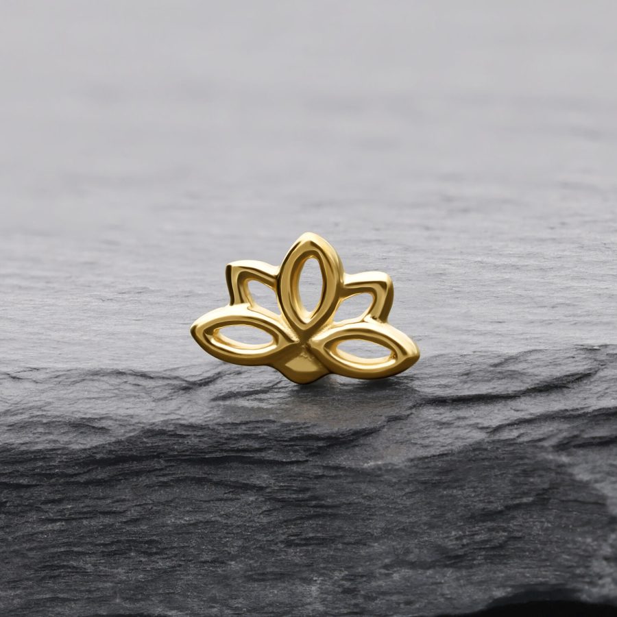 Goldener Lotus Aufsatz auf grauem Stein mit klaren Linien und glänzender Oberfläche