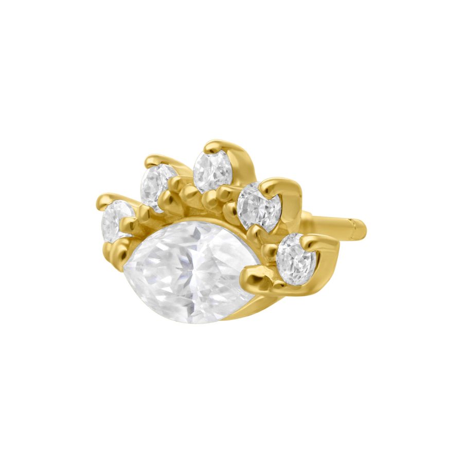 Goldener 14K Aufsatz mit Moissanite-Stein und fünf kleineren Steinen auf weißem Hintergrund