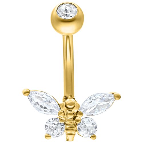 Goldenes Banabell-Piercing mit bienenförmigem Design und klaren Kristallen auf weißem Hintergrund