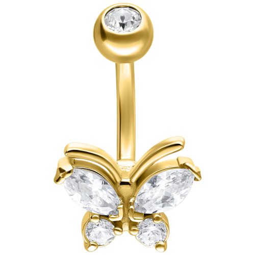 Goldenes Bauchnabelpiercing in Schmetterlingsform mit klaren Kristallen auf weißem Hintergrund