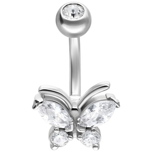Silbernes Bauchnabelpiercing mit Schmetterling und klaren Kristallen auf weißem Hintergrund