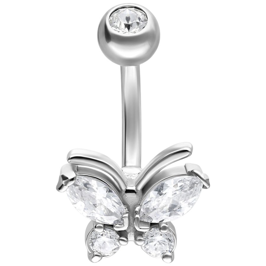 Silbernes Bauchnabelpiercing mit Schmetterling und klaren Kristallen auf weißem Hintergrund