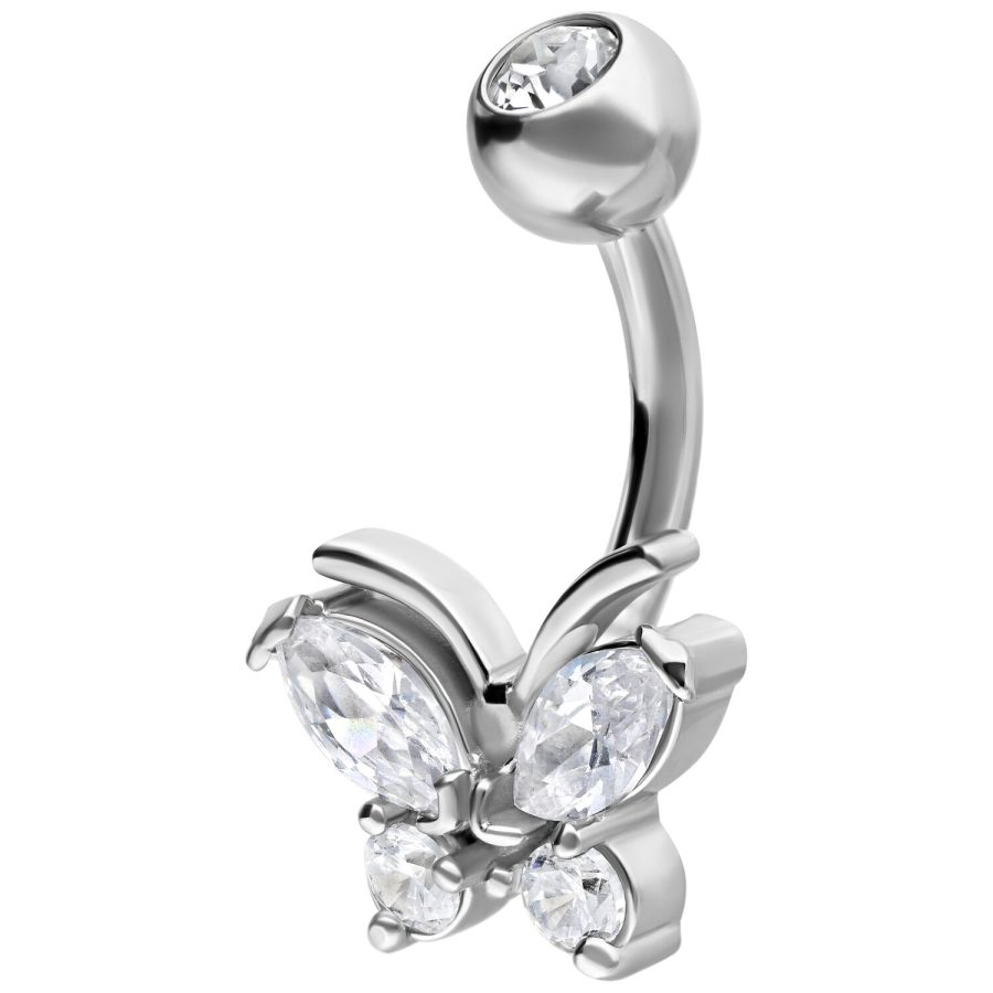 Silbernes Bauchnabelpiercing mit Schmetterling und klaren Kristallen