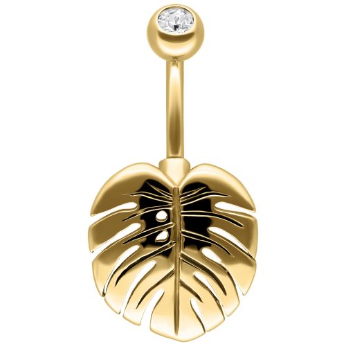 Goldenes Bauchnabelpiercing in Monstera-Form mit klarem Kristall auf weißem Hintergrund