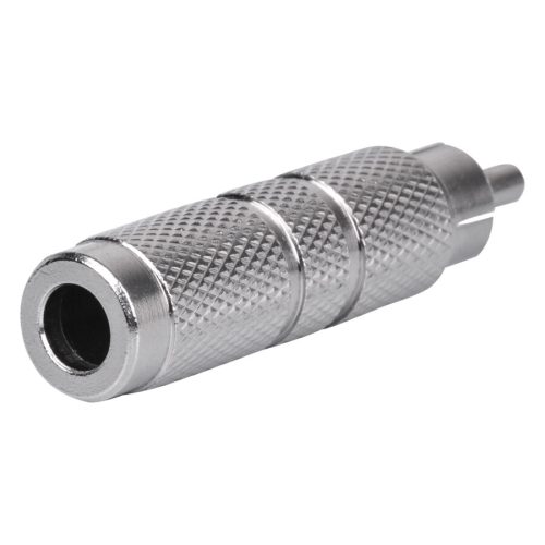Silberner HAWK RCA Stecker mit geriffelter Oberfläche auf weißem Hintergrund