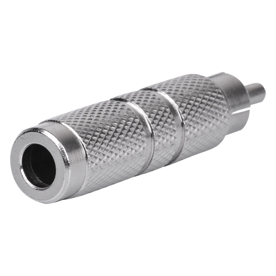 Silberner HAWK RCA Stecker mit geriffelter Oberfläche auf weißem Hintergrund