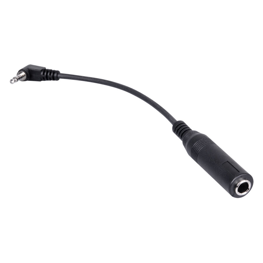 Schwarzes Adapterkabel mit 3.5mm Stecker und 6.3mm Buchse auf weißem Hintergrund