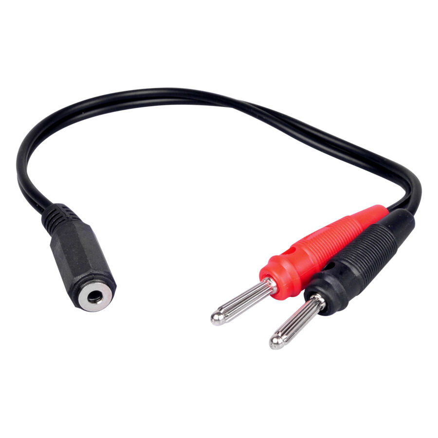 Schwarzes Adapterkabel mit 3.5mm Buchse und roten sowie schwarzen Bananensteckern auf weißem Hintergrund