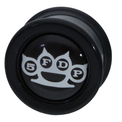Schwarzer Plug mit weißem 5FDP Messingknöchel-Logo auf weißem Hintergrund